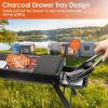 Portable 23" stainless steel charcoal grill, foldable and compact for outdoor BBQ, camping, picnics, and parties. Ideal for 3-5 people.