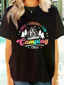 Fires Friends Fun Camping Crew Summer Camp Campfire Vacation Print Women'S T-shirt, Crew Neck Short Sleeve T- (Color: Black, size: M)