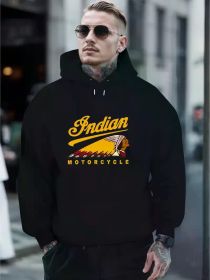 Lightweight | Men's Indian Motorcycle Graphic Hoodie - Black Casual Pullover with Kangaroo Pocket, Adjustable Drawstring (Color: Black, size: S)