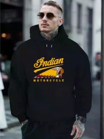Lightweight | Men's Indian Motorcycle Graphic Hoodie - Black Casual Pullover with Kangaroo Pocket, Adjustable Drawstring (Color: Black, size: XXL)