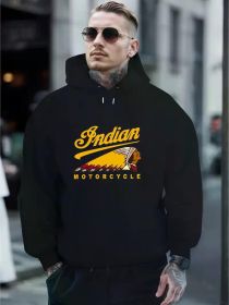 Lightweight | Men's Indian Motorcycle Graphic Hoodie - Black Casual Pullover with Kangaroo Pocket, Adjustable Drawstring (Color: Black, size: L)