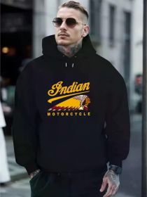 Lightweight | Men's Indian Motorcycle Graphic Hoodie - Black Casual Pullover with Kangaroo Pocket, Adjustable Drawstring (Color: Black, size: XL)